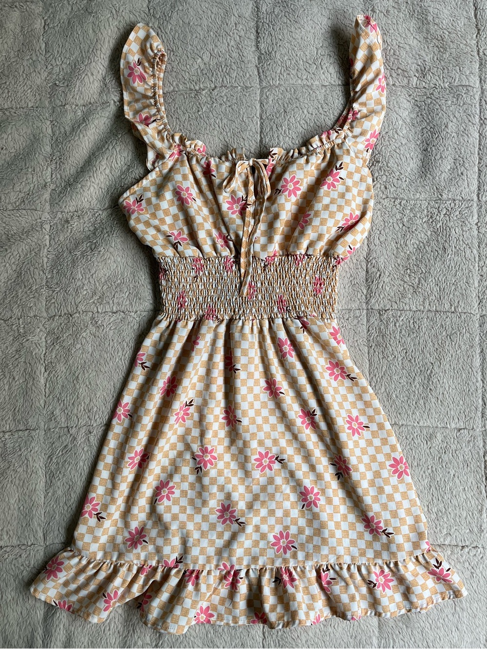 Y2K Boho Whimsical Pink Floral Checkered Milkmaid Dress Smocked Waist Sundress